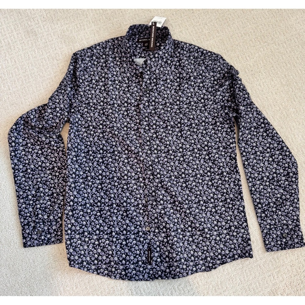 Michael Kors Mens Slim Fit Black Floral Print Long Sleeve Button Down Shirt L